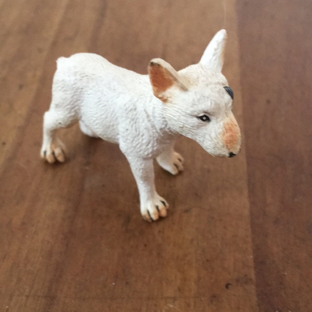 Vintage Miniature White Bull Terrier Figurine with Painted Tan Accents